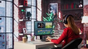 focused editor woman works video montage creative software