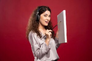 woman headphones painting canvas